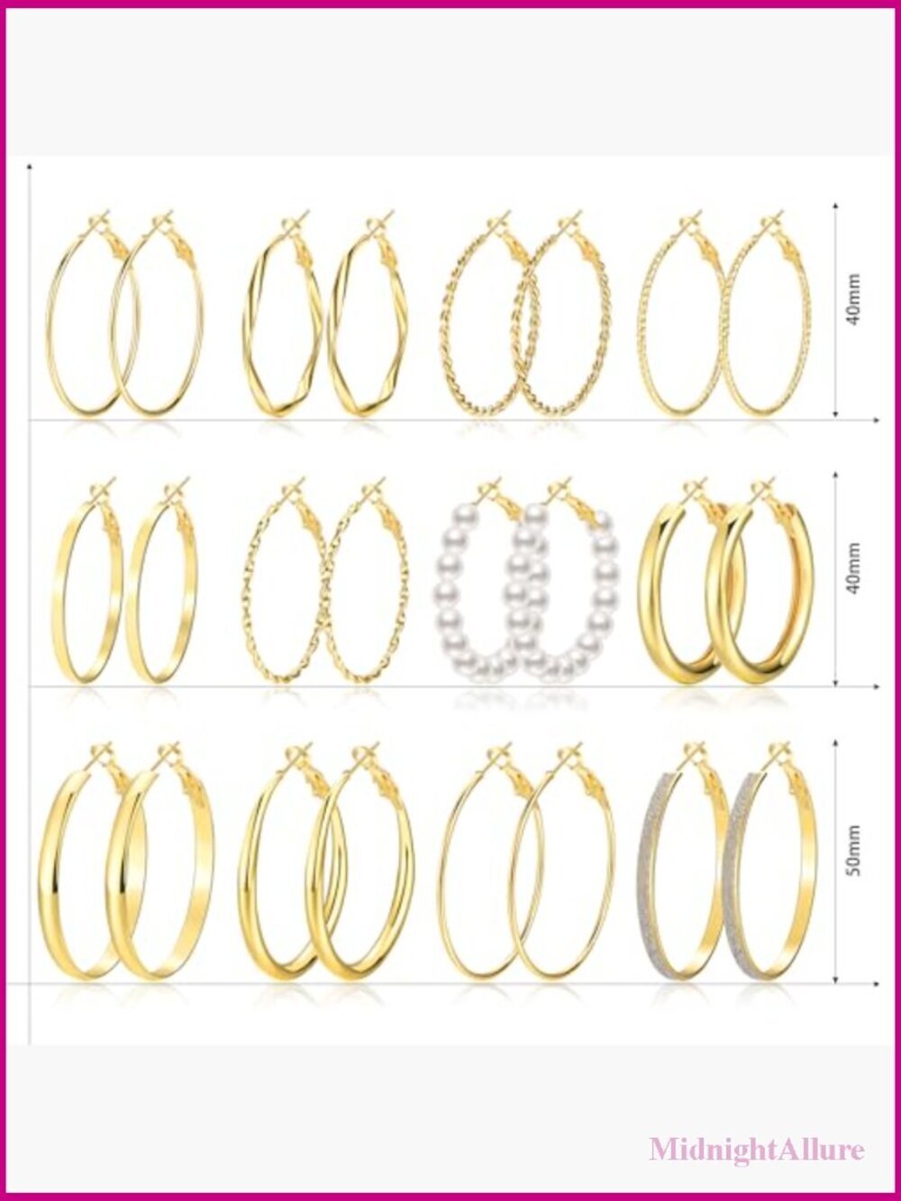 12 Pairs Large Gold Hoop Earrings Set Hypoallergenic 40mm 50mm - Picture 5 of 7